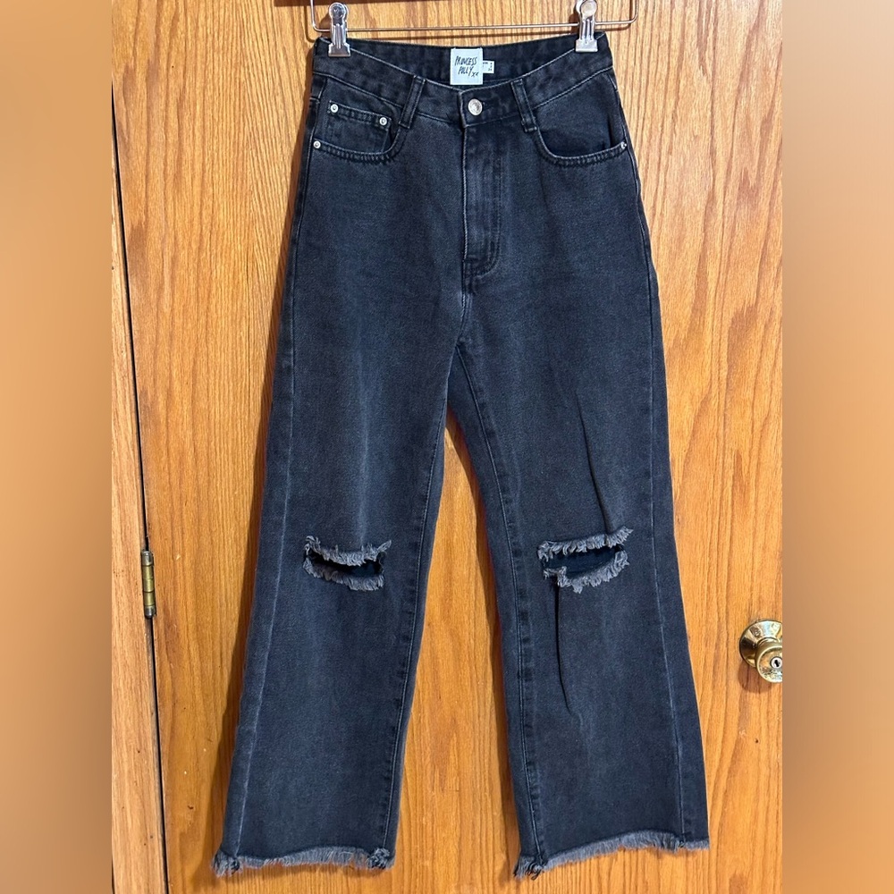Princess Polly women’s jeans sz 2 black distressed wide leg raw hem